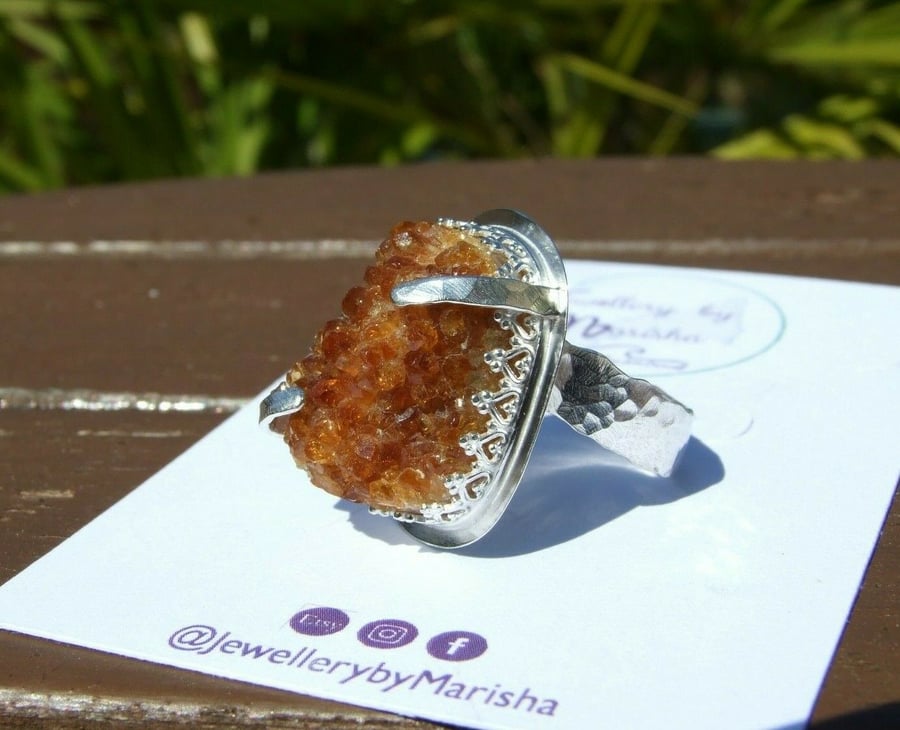 Citrine Druzy Adjustable Statement Ring Sterling Silver Chunky Crystal Jewellery