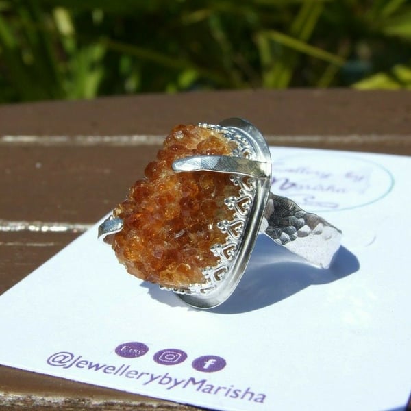 Citrine Druzy Adjustable Statement Ring Sterling Silver Chunky Crystal Jewellery