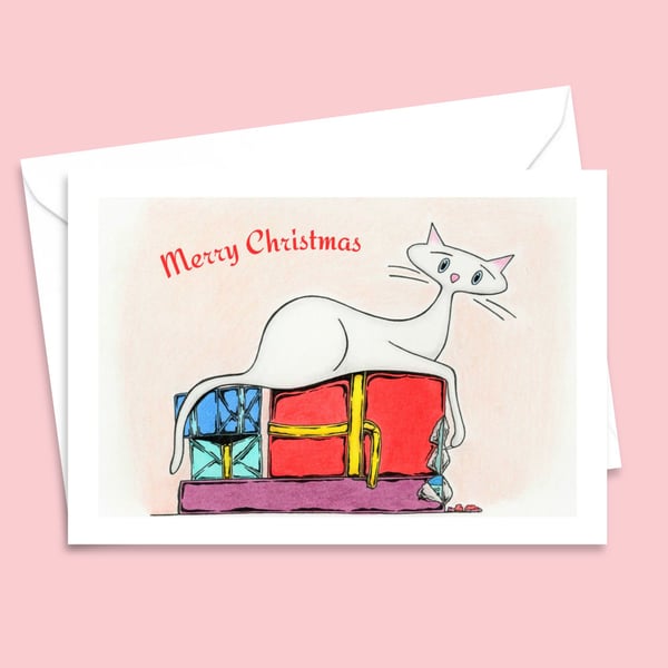 White Cat Christmas Card and Envelope for Festive Greetings, Blank Inside 