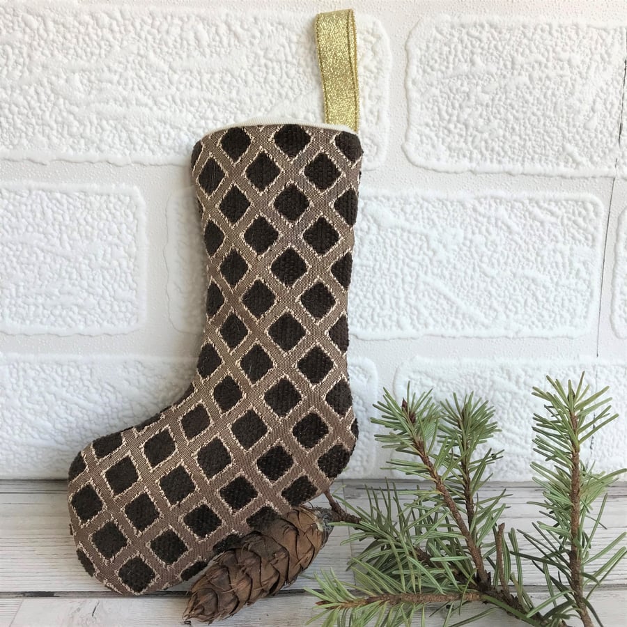  SALE, Brown and gold small Christmas stocking tree decoration