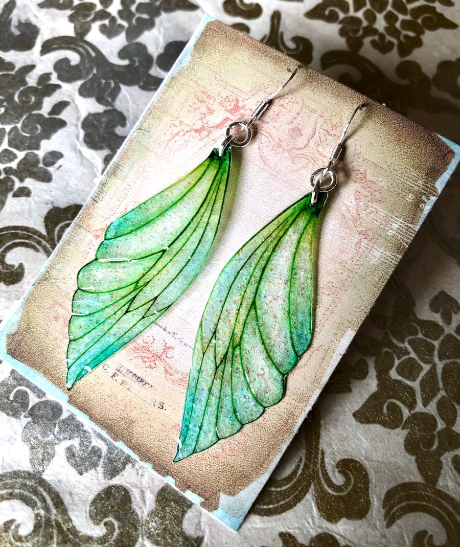 Large Green Sterling Silver Fairy Wing Earrings