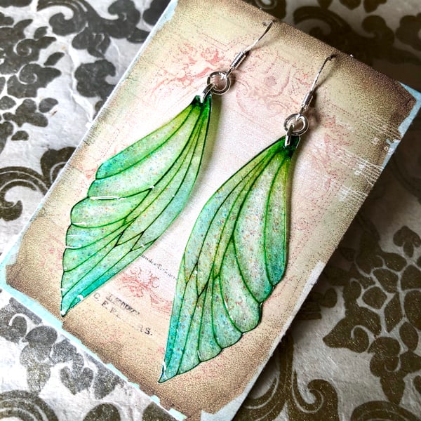 Large Green Sterling Silver Fairy Wing Earrings