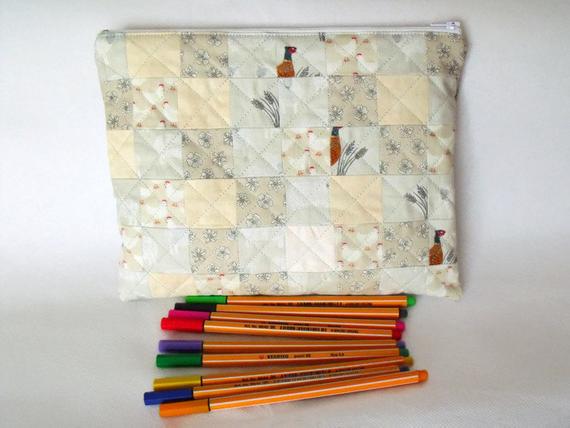 grey patchwork zipped make up pouch, pencil case or crochet hook case