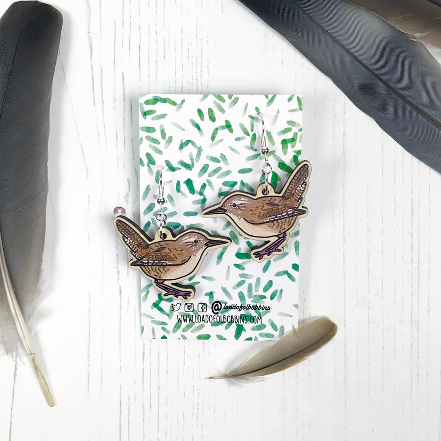 Wren Wooden Illustrated Drop Earrings