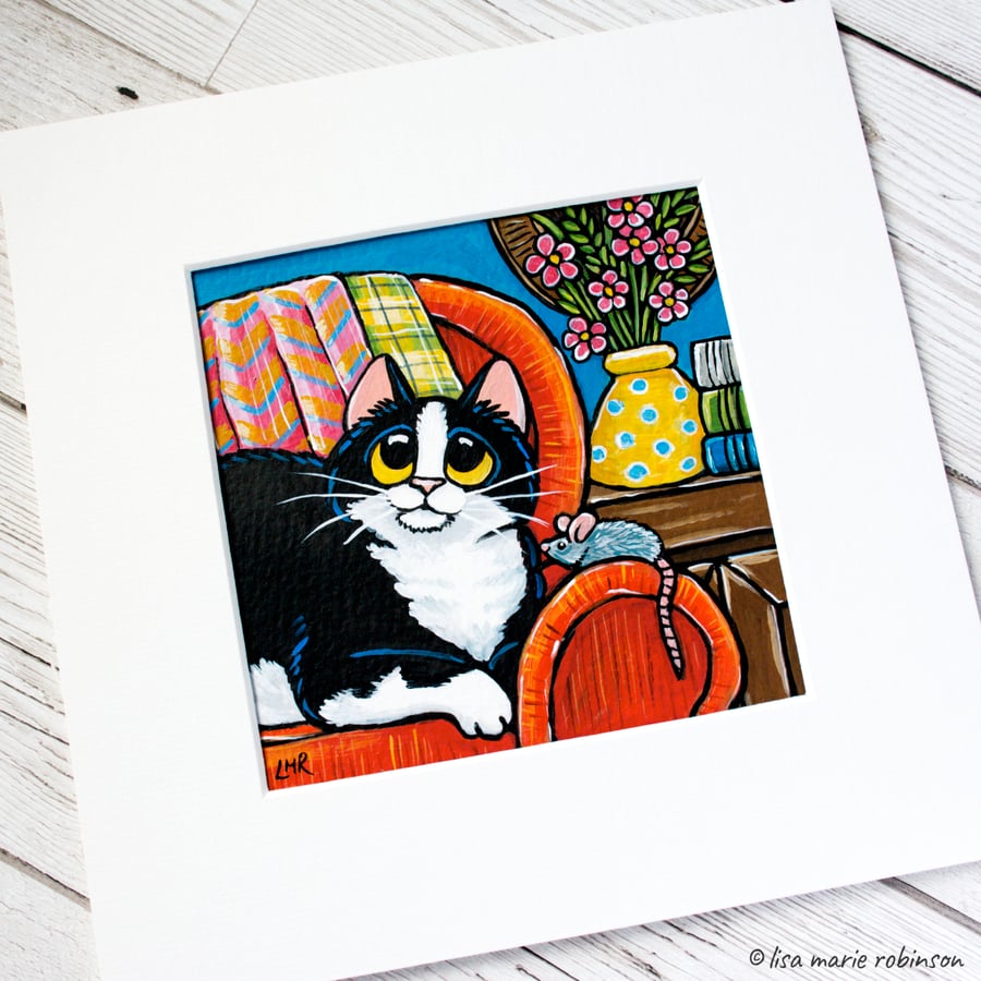 Black and White House Cat with Mouse Painting - Mounted size 8" x 8"