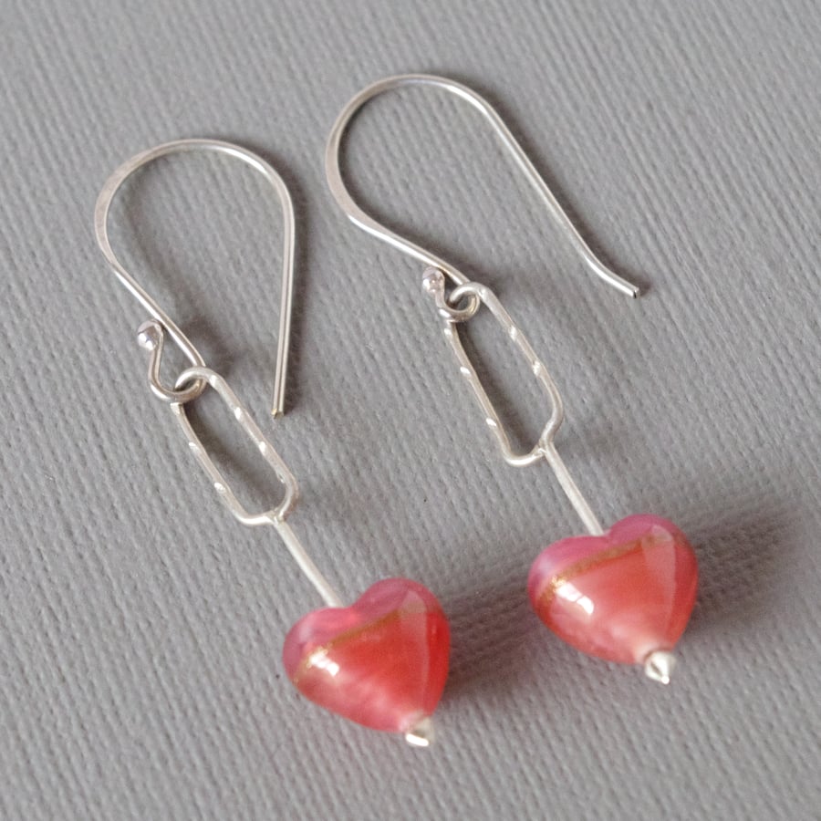 Cupid's Dart Murano Glass Heart Arrow Drop Earrings 925 Sterling Silver in Pink 