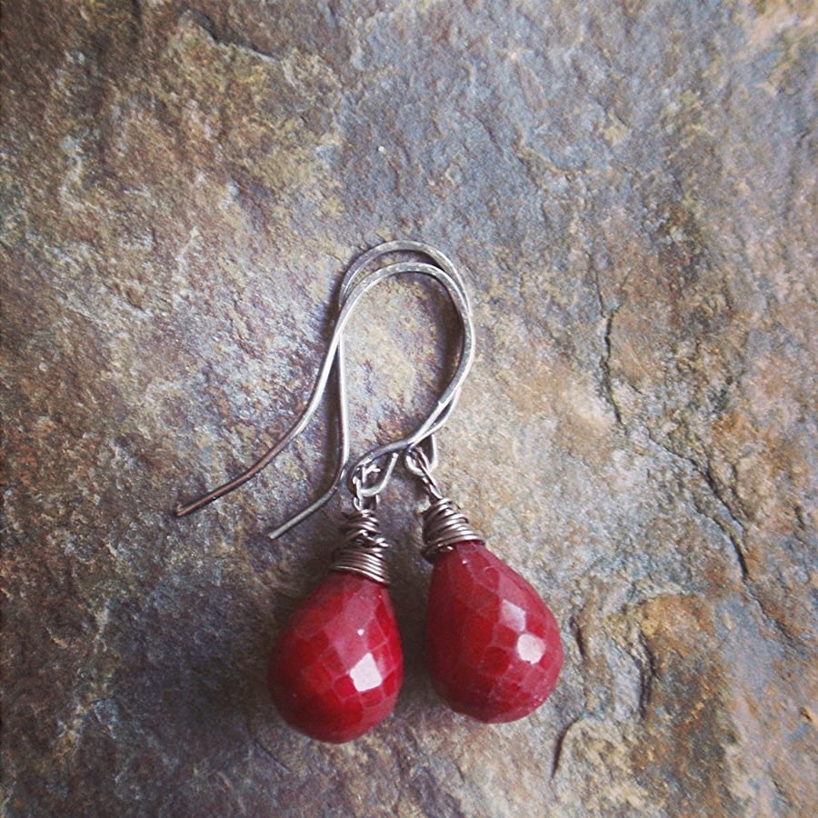 Ruby earrings with oxidised sterling silver, red earrings