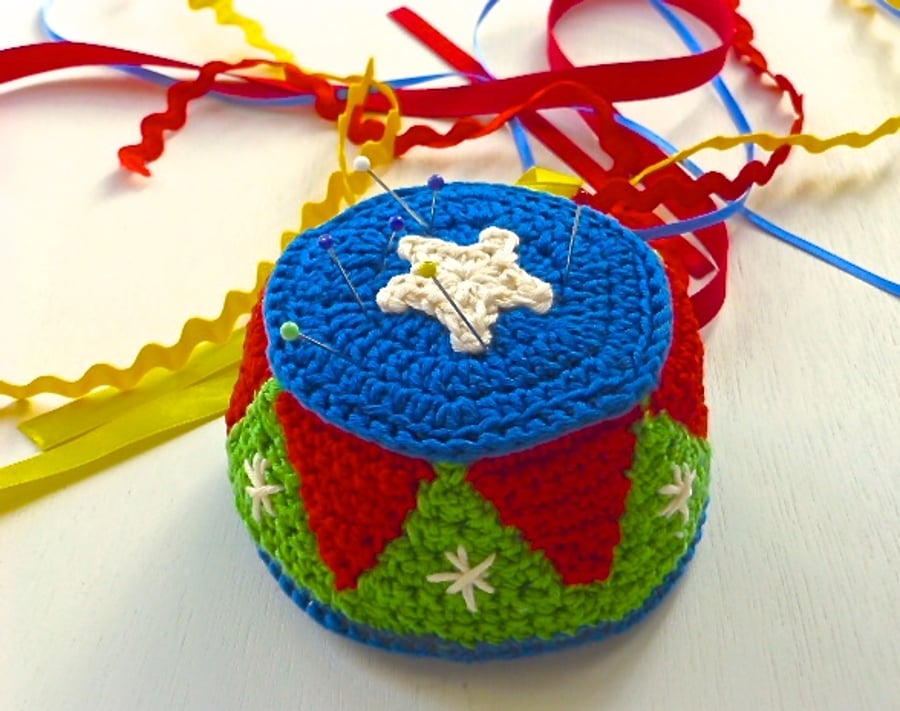 Crochet Pincushion, circus pincushion, pin tidy, craft room pincushion