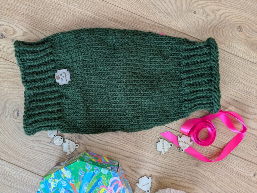 Handknit pure British wool dog Jumper in dark green