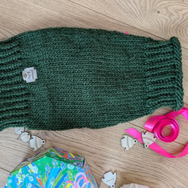 Handknit pure British wool dog Jumper in dark green
