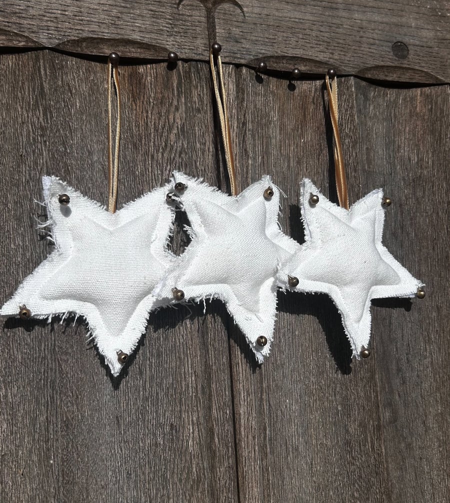 Starry night - Organic linen stars  with metal bells Christmas Tree decorations