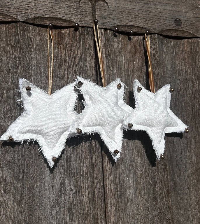Starry night - Organic linen stars  with metal bells Christmas Tree decorations