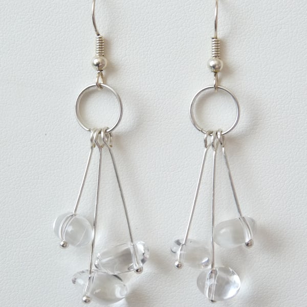 Clear Quartz 3 Drop Earrings- Genuine Gemstone 