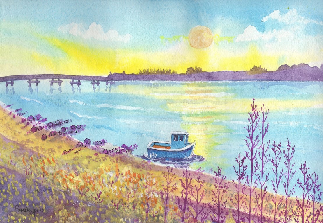 Loughor Estuary, South Wales - Blue Boat, Watercolour Print in 20 x 16'' Mount