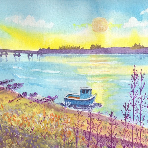 Loughor Estuary, South Wales - Blue Boat, Watercolour Print in 20 x 16'' Mount