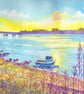 Loughor Estuary, South Wales - Blue Boat, Watercolour Print in 20 x 16'' Mount