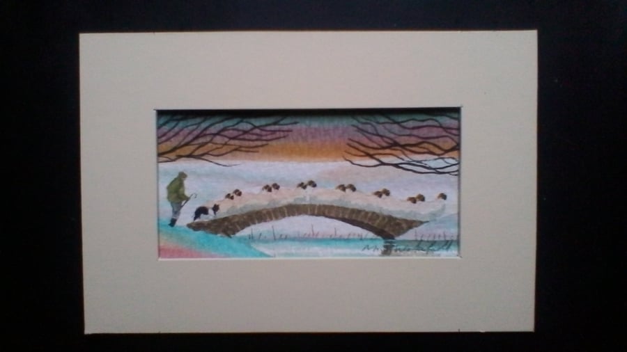 Sheep in the snow, Original Watercolour, Collie Dog, by M S Wakefield