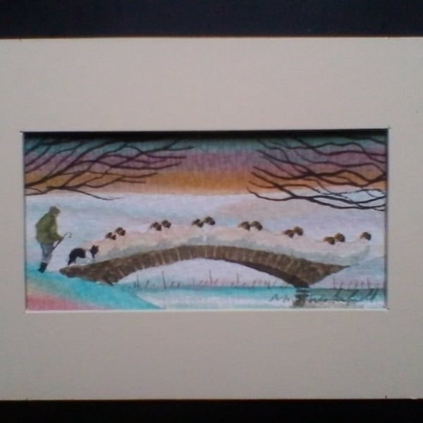 Sheep in the snow, Original Watercolour, Collie Dog, by M S Wakefield
