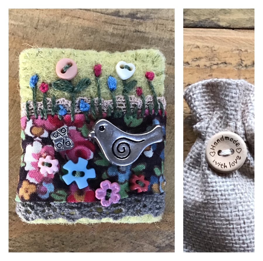 Liberty fabric felt lace charm brooch badge