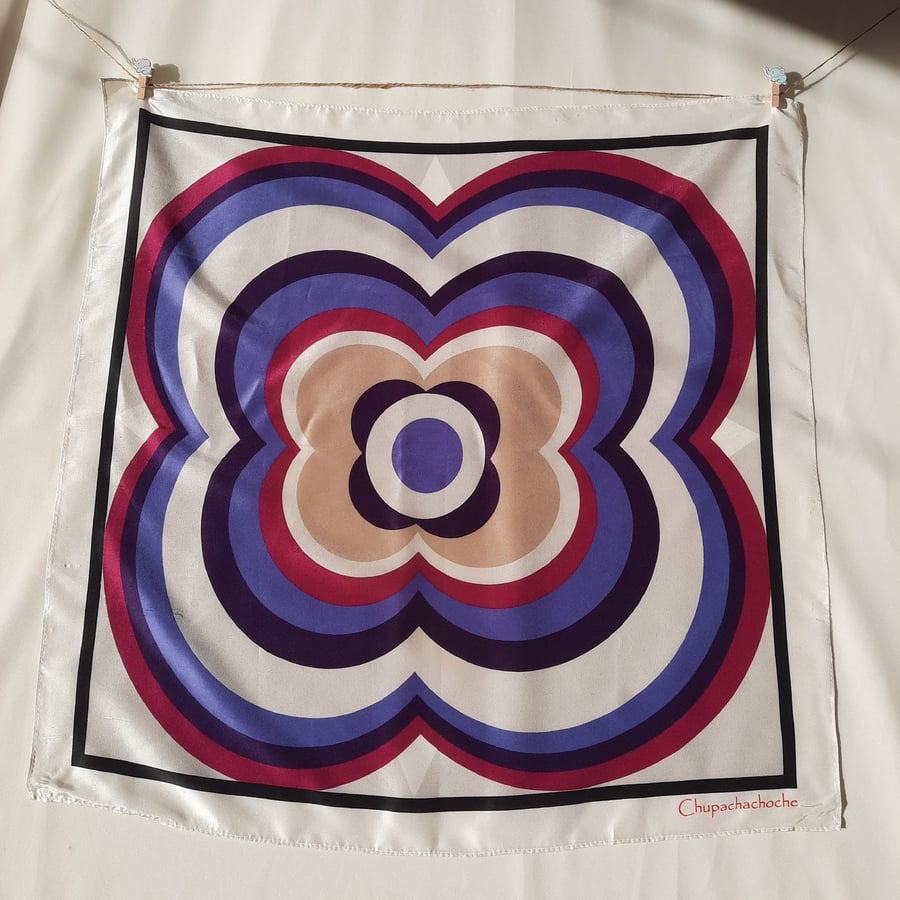 Gray habotai silk scarf with black border and multicolor geometric flower