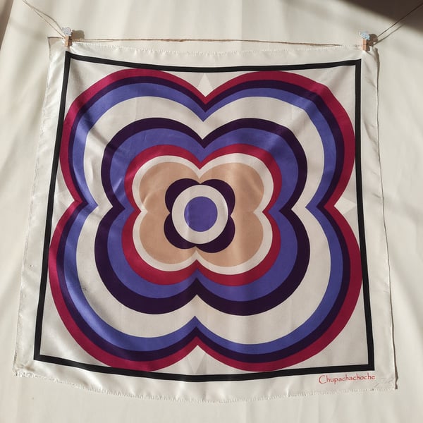 Gray habotai silk scarf with black border and multicolor geometric flower