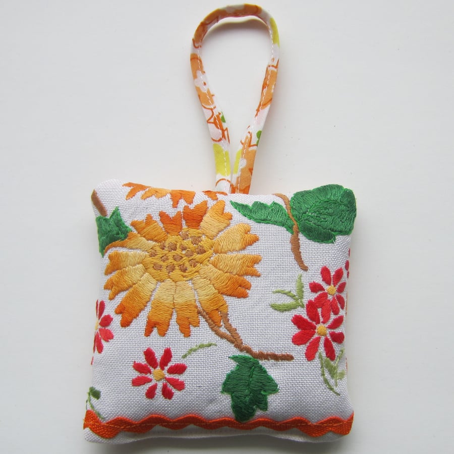 SALE Vintage Embroidered Orange Floral Lavender Bag