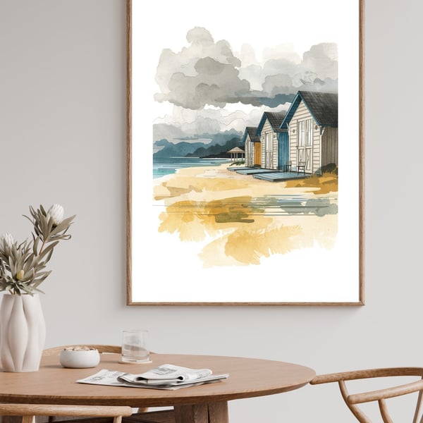 Abstract Beach Hut Art Print - A4 Coastal Living Wall Art