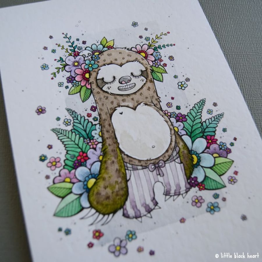 sleepy floral sloth - original illustration A6