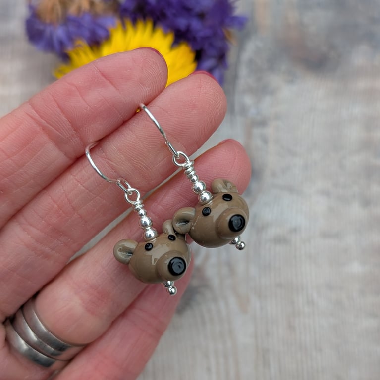 Silver Bear Lampwork Glass Bead Earrings - JBJ6004