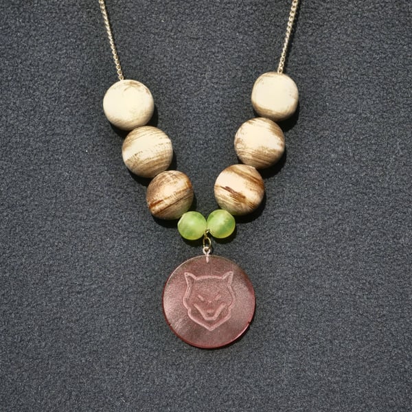 Wolf Head Resin & Wooden Bead Necklace