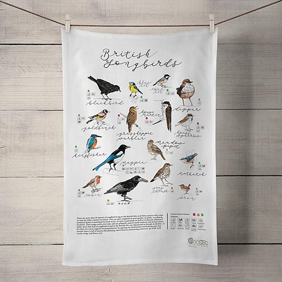 British Songbirds -  100% Organic Cotton Tea Towel