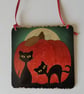 Handmade 10cm x 10cm Wooden Black Cat & Pumpkin Hanging Decoration