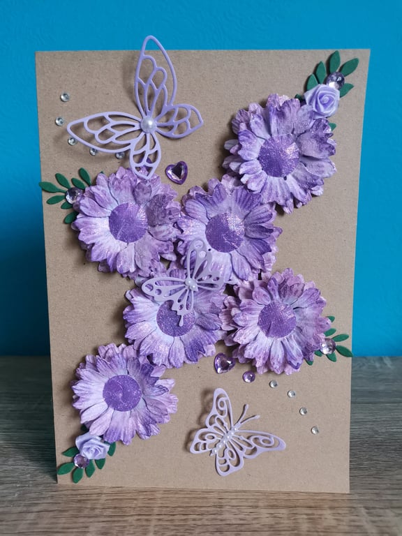 Purple butterfly flowers - Large very luxury handmade keepsake greeting card 