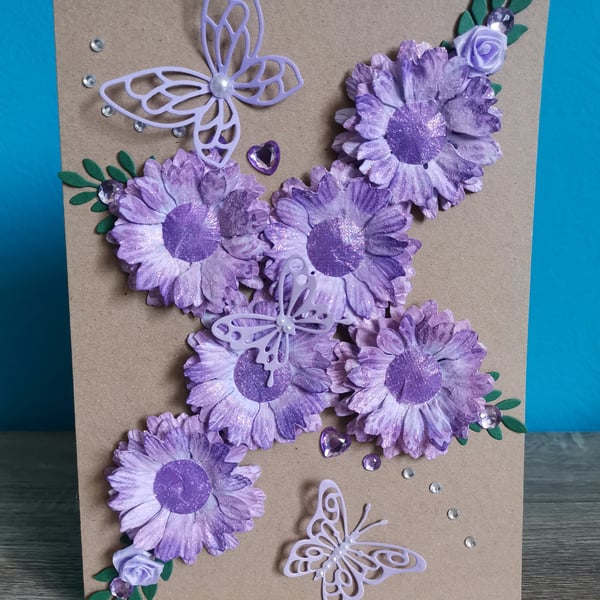 Purple butterfly flowers - Large very luxury handmade keepsake greeting card 