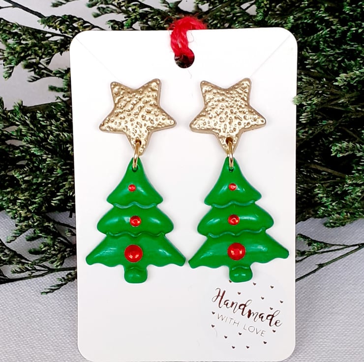 Green and gold coloured Christmas tree earrings Folksy
