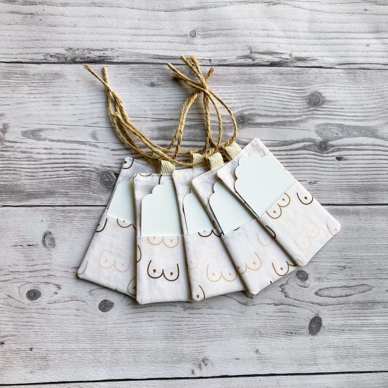 Fun booby print cream cotton themed gift tags. Small tote bags.