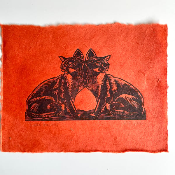 Lino Print Black Cats - Cat Goddess - Cat Lover Art - Original Art