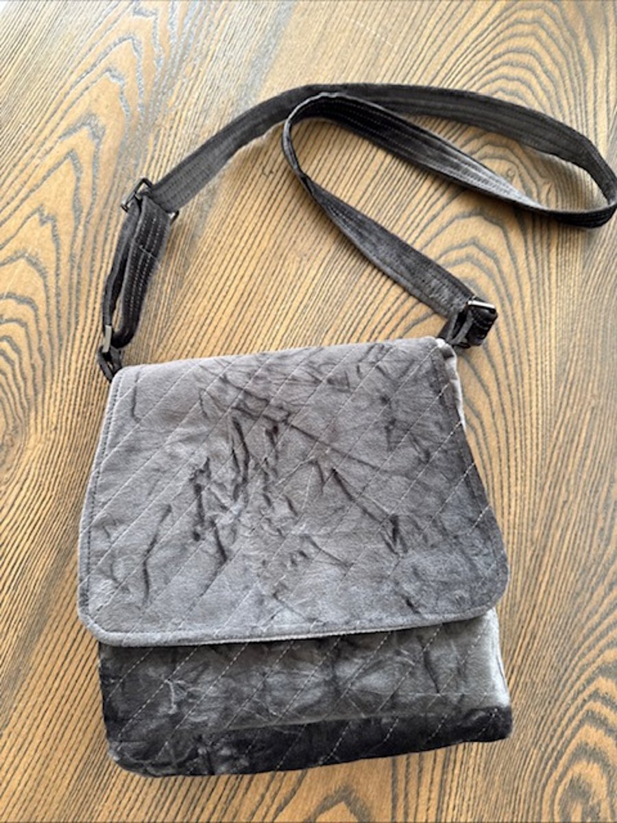 Dark Grey Velvet Effect Cross Body Messenger Bag with Adjustable Strap