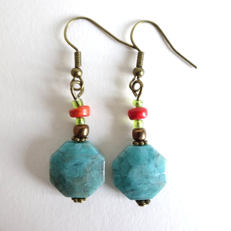Orange Lime Green Brown Beads Turquoise Octagon Bead Bohemian Dangle Earrings