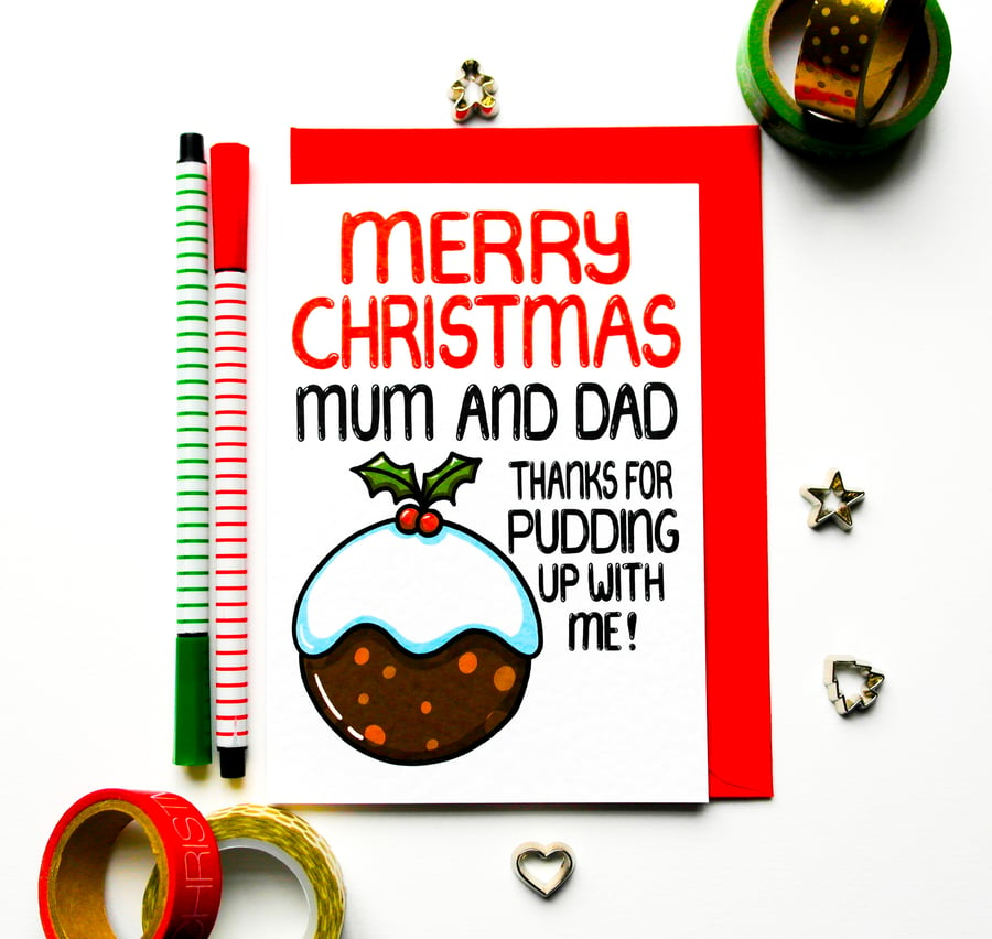 Funny Christmas Card For Mum And Dad, Christmas Pudding Card For Parents