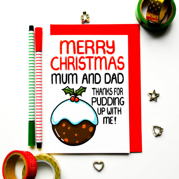 Funny Christmas Card For Mum And Dad, Christmas Pudding Card For Parents