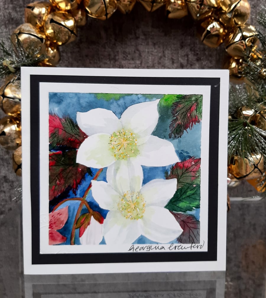 Blank Christmas Card Hellebores, Christmas Rose Handpainted Watercolour Keepsake