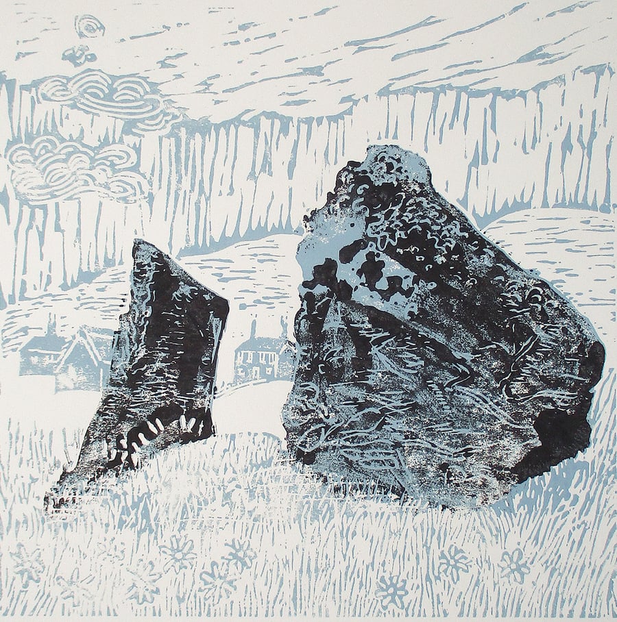 Avebury Standing Stones - Original Linocut Print Hand Pressed Limited Edition