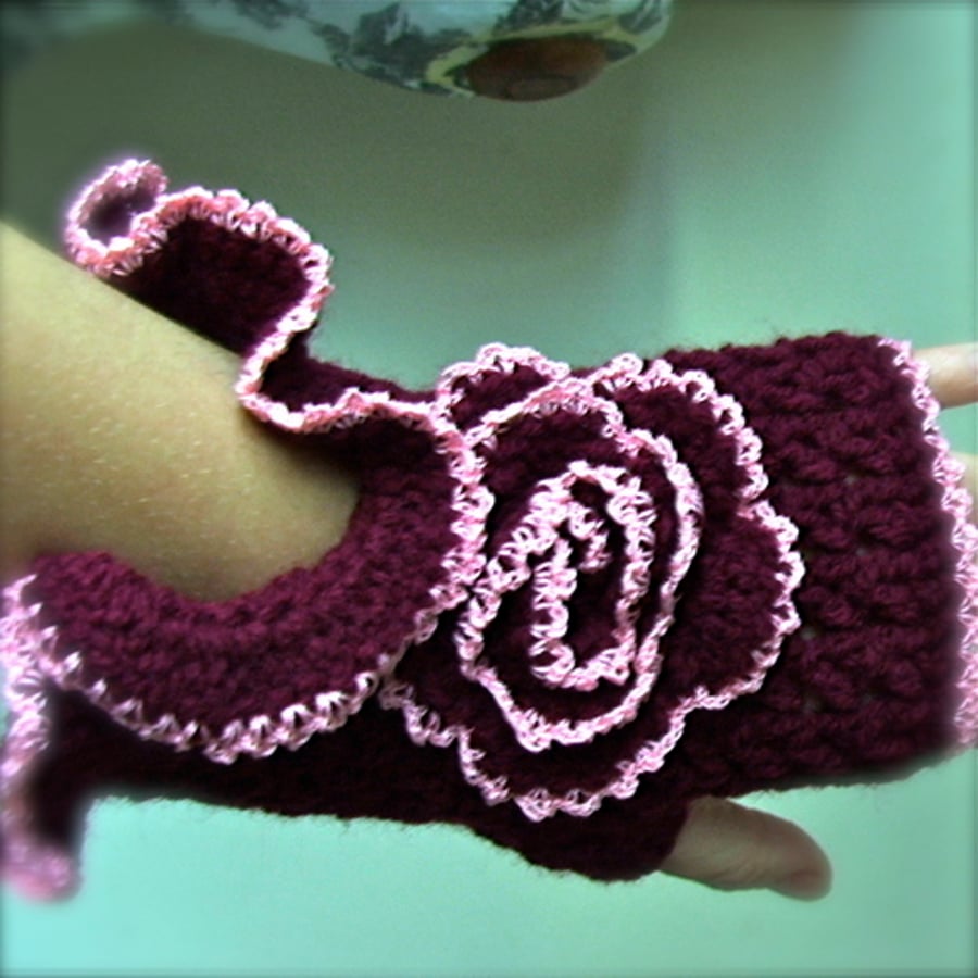 Burgundy Fingerless Crochet Gloves With A Flower MADE TO ORDER
