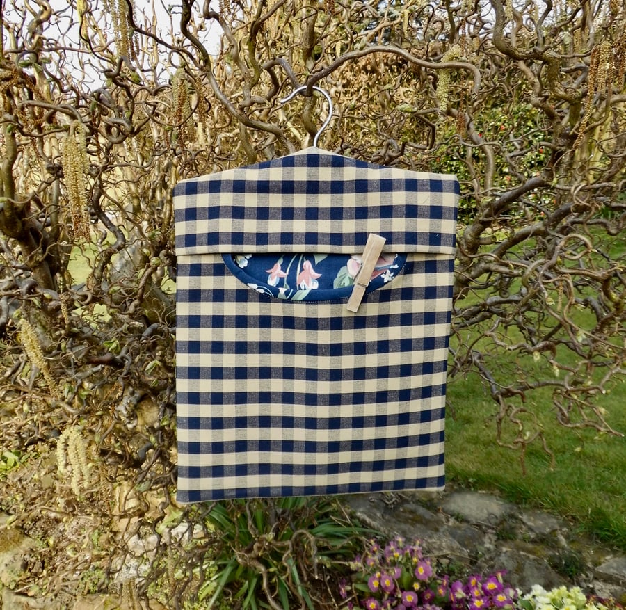 SOLDPeg bag in navy and beige check with floral lining clothes pins