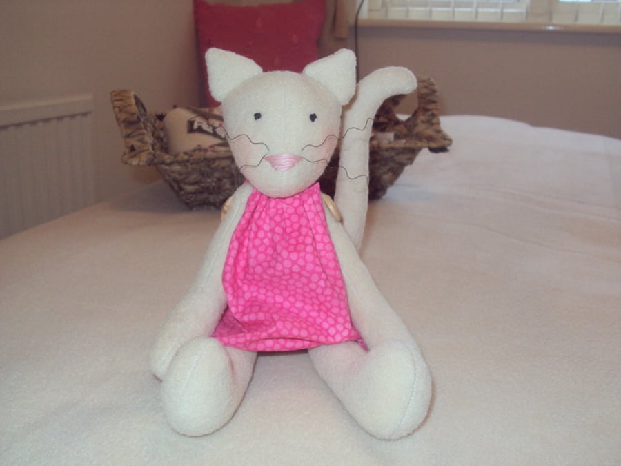 Handmade Kitty Cat with Pink Spotty Dress & Wire Whiskers
