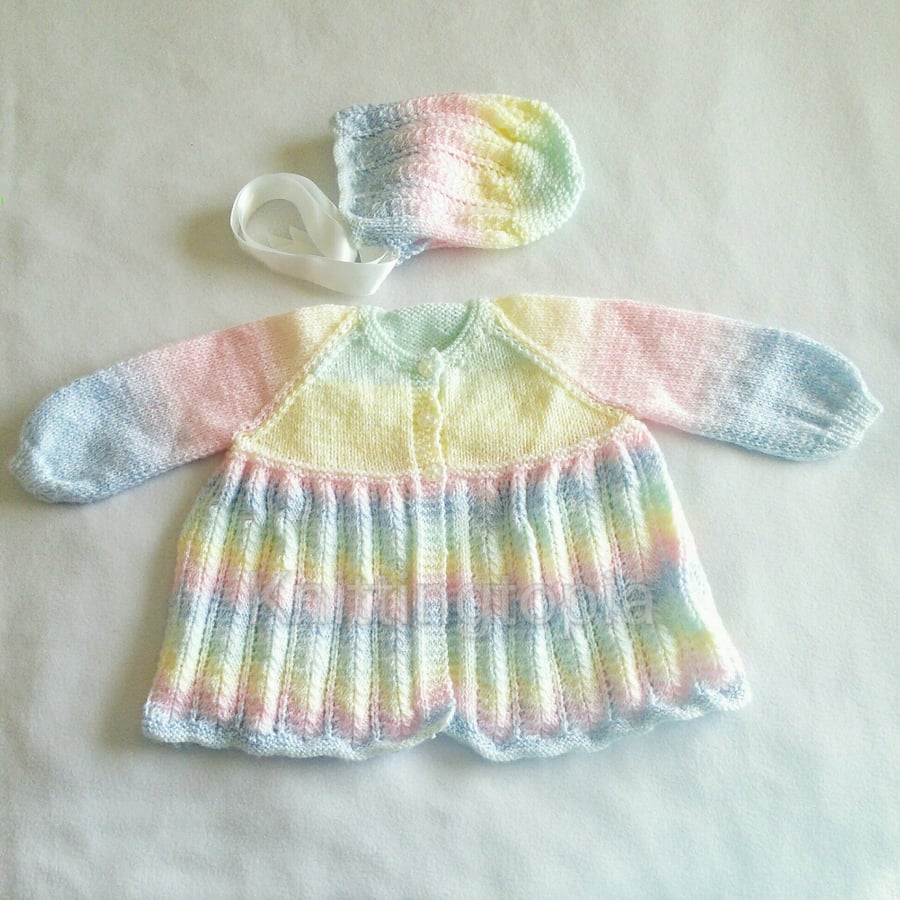 Hand knitted baby cardigan and bonnet - 12 months - pastel stripes  