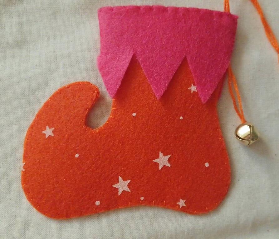 Handmade Elf Boot Christmas Hanging Orange and Pink