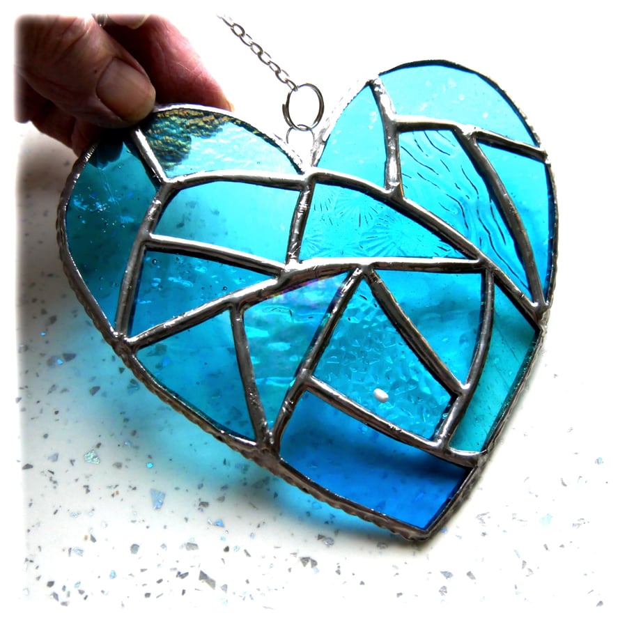 Fat Patchwork Heart Suncatcher Turquoise Stained Glass Handmade 035