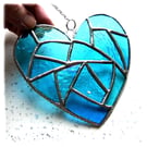 Fat Patchwork Heart Suncatcher Turquoise Stained Glass Handmade 035